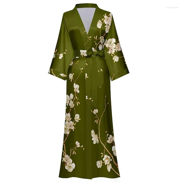 Damen-Nachtwäsche, Frühling und Sommer, grüner Blumendruck, Satin, lange Robe, Nachthemd, Kimono, Bademantel, Kleid für Damen, sexy Rayon-Heimkleid, Loungewear