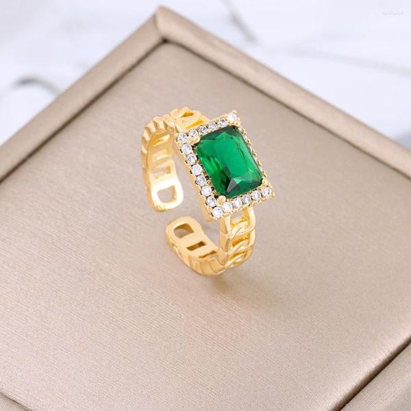 Anelli a grappolo in lusso retrò rettangolo verde zircone dito di cristallo per le donne Moda vintage femminile regolabile anello aperto gioielli