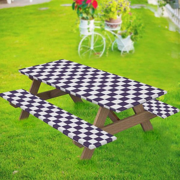 Tischdecke mit Schachbrettmuster, Picknick- und Bank-Tischdeckenbezug-Set, elastische Kanten für Sommerreisen, Terrasse im Freien