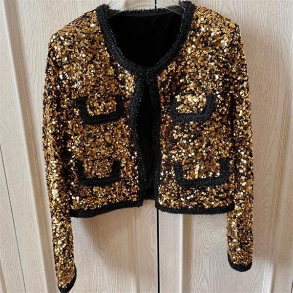 Jaquetas femininas lantejoulas douradas retrô indústria pesada manga comprida gola redonda jaqueta cardigã curta