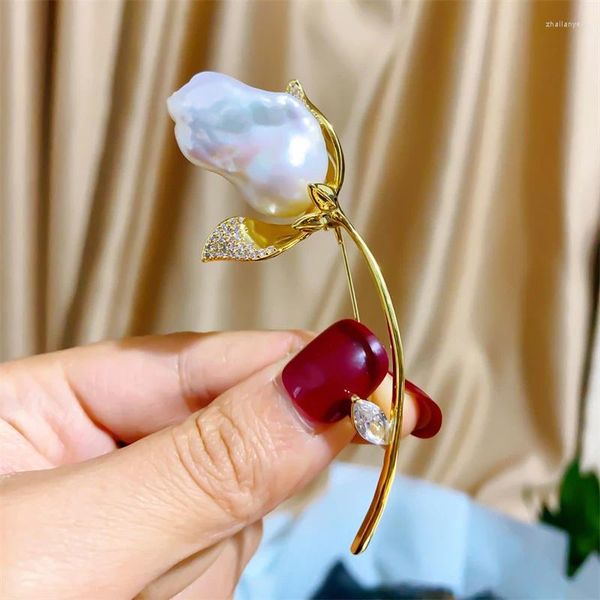 Broschen Barocke Perle Luxus Zirkon Rose Für Frauen Elegantes Design Tulpe Corsage Anzug Mantel Zubehör Pins Urlaub Geschenke