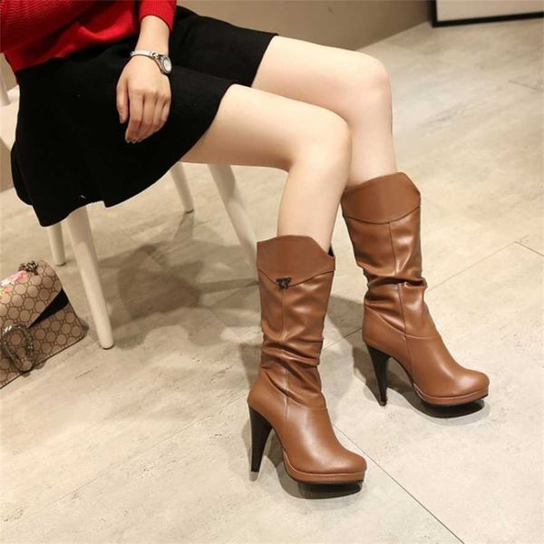 Botas de tornozelo de couro para mulheres saltos grossos coxa salto alto botas de comprimento médio dobrado empilhado botas femininas moda 230830