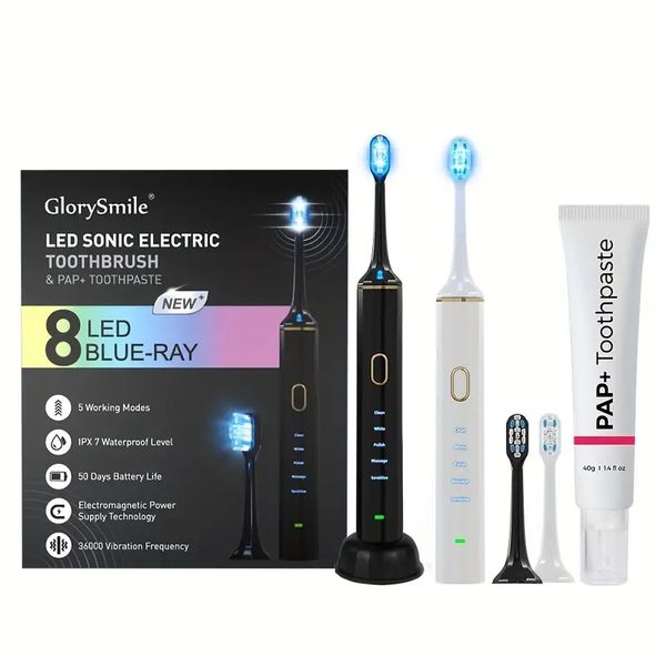 Kit de escova de dentes elétrica recarregável com 8 raios LED, IPX7 à prova d'água, luz fria, pasta de dente clareadora de dentes, 36.000 vezes / min de vibração de alta intensidade