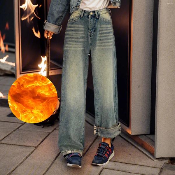 Jeans da donna Baggy Y2K imbottito foderato in pile Autunno Inverno Vita alta Pantaloni larghi in denim termico spazzolato Streetwear Abiti femminili