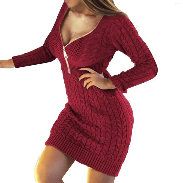 Повседневные платья, женский вязаный свитер, сексуальная молния с V-образным вырезом и длинным рукавом, однотонное вязаное платье, осенне-зимняя теплая сумка, мини-хип