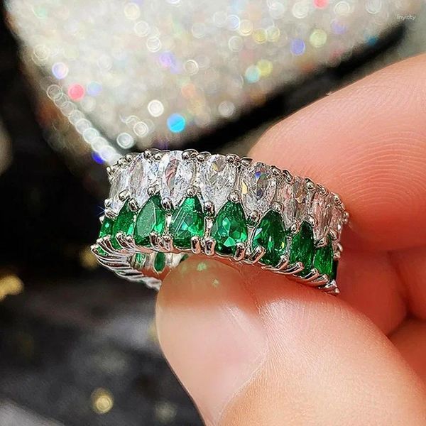Anéis de casamento 2024 bandas de tendência para mulheres azul/verde/rosa lágrima cz alta qualidade prata cor declaração jóias