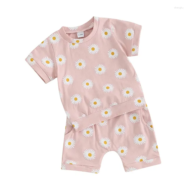 Giyim Setleri Toddler Bebek Kız Giysileri Bebek Yaz Seti Sevimli Çiçek Baskı Kıyafet Kısa Kollu T-Shirt Üst Elastik Takım