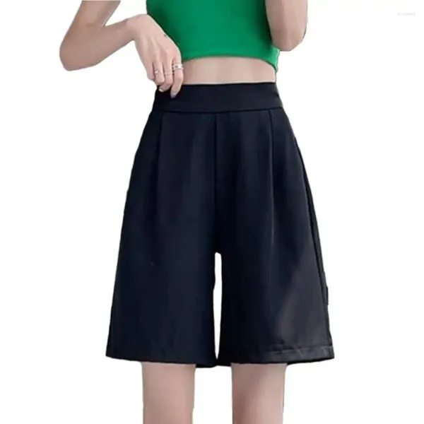 Shorts femininos verão a-line solto cor sólida elástico cintura alta bolsos retos macio respirável casual fino na altura do joelho calças