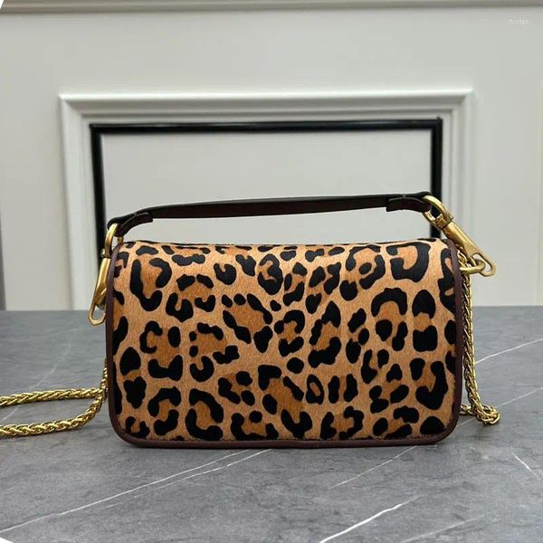 Akşam çantaları moda leopar baskı flip çanta lüks kadınlar çanta sahte at saç kış çanta zinciri omuz crossbody parti debriyajı