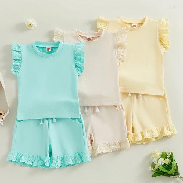 Set di abbigliamento Vestiti estivi per neonata T-shirt girocollo con maniche volanti alla moda per bambini con pantaloncini arricciati 2 pezzi Vestito in tinta unita