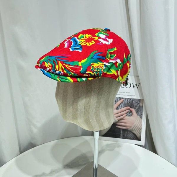 Berets 2024 Northeast Big Flower Tuch Baskenmütze Hut für Männer und Frauen Frühling Sommer Retro Druck Vorwärts Hüte Trend Peaked Cap