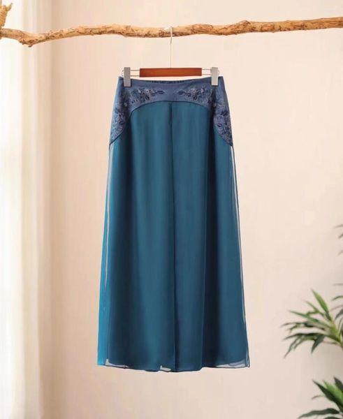 Calças femininas azul saia de seda natural vintage bordado linho perna larga luxo dupla camada solta calças casuais