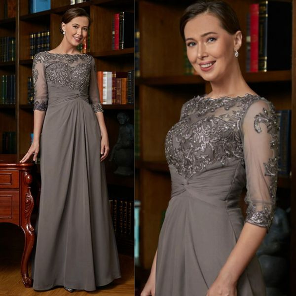 Silberne lange Kleider für die Brautmutter, 3/4-ärmelloses Chiffon-Mutterkleid für die Hochzeit, Braut, Spitze, Perlen, Pailletten, Kleider für afrikanische schwarze Frauen MD023