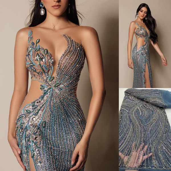 Abiti da sera da donna sexy Collo trasparente senza maniche Abiti da ballo Paillettes Applicazioni di cristallo Spaccato sui lati Abito per la festa Robe De Soiree su misura