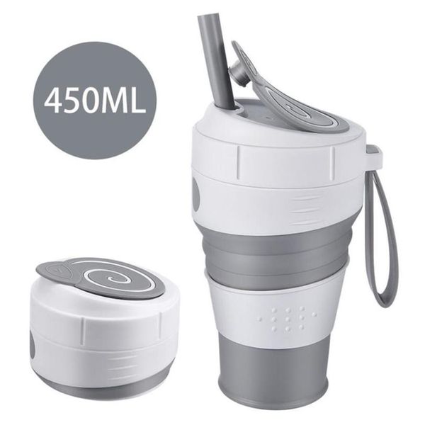 Copo de café dobrável de silicone 450ml com tampa à prova de vazamento de palha para viagens caminhadas piquenique produto comestível BPA caneca de café dobrável 2236s