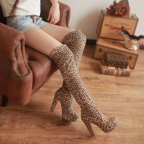 Botas leopardo impressão longo tubo estiramento mulheres de salto alto de salto grosso sobre o joelho bota sapatos grandes para fêmea