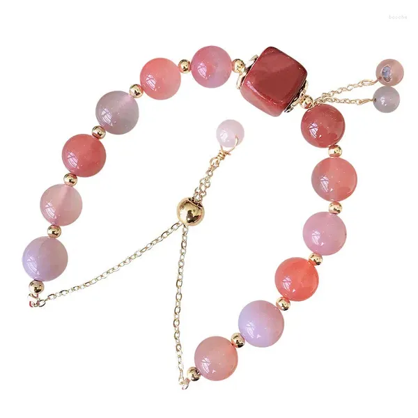 Filo di caramelle rosa fonte di sale agata intagliata perlina rotonda braccialetti regolabili in cristallo naturale fortuna per le donne gioielli di moda singoli