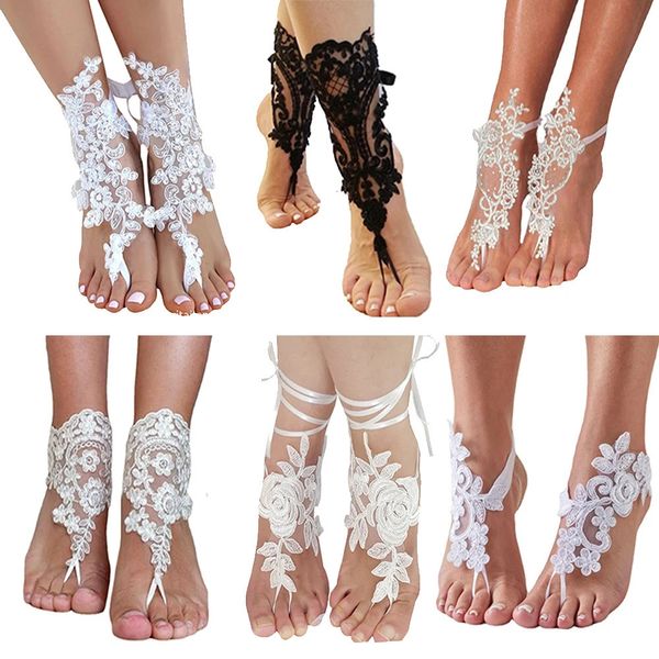 Cavigliere in pizzo da sposa Sandali a piedi nudi da sposa Bianco Avorio Nero Gioielli da spiaggia Cavigliere da sposa Braccialetti Forniture di nozze 240119