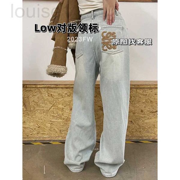 Jeans femininos designer marca lowewe maillard toalha bordado bloco de cor lavado cintura alta grossa perna larga para mulheres magras h4ku