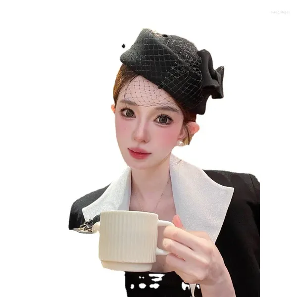 Berets Britische Retro Mesh Wolle Baskenmütze Weibliche Japanische Französisch Zylinder Hut Socialite Licht Luxus Schleier Kopfschmuck