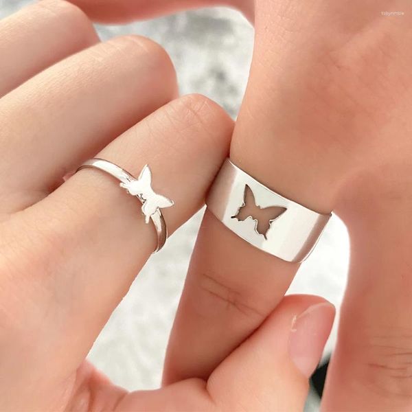 Cluster Ringe Silber Farbe Schmetterling Für Frauen Männer Liebhaber Paar Ring Set Freundschaft Verlobung Hochzeit Band Offen 2024 Trend schmuck