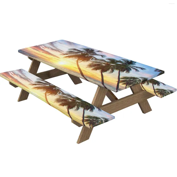 Toalha de mesa Palmeiras Sunset Picnic Toalha de mesa e assento de banco cobre retângulo para acampamento ao ar livre