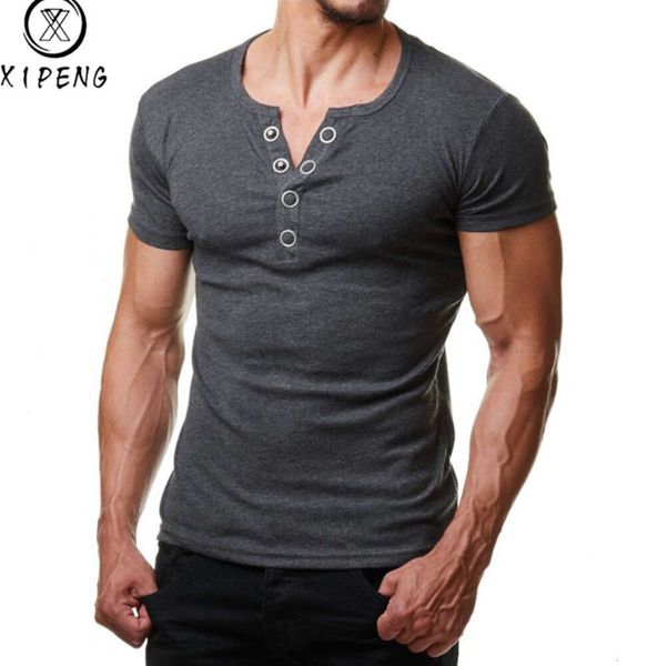 Henley T Männer Sommer Top Sommer Mode V-Ausschnitt Kurzarm T-Shirt Homme Casual Slim Fit Metall Knopf Design Herren T-Shirts