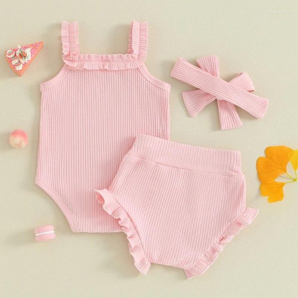 Kleidungssets für geborenes Baby, Sommer-Outfit, ärmellos, gerippt, Spaghettiträger, Strampler, Shorts, Stirnband, Set, Kleidung, 3-teilig