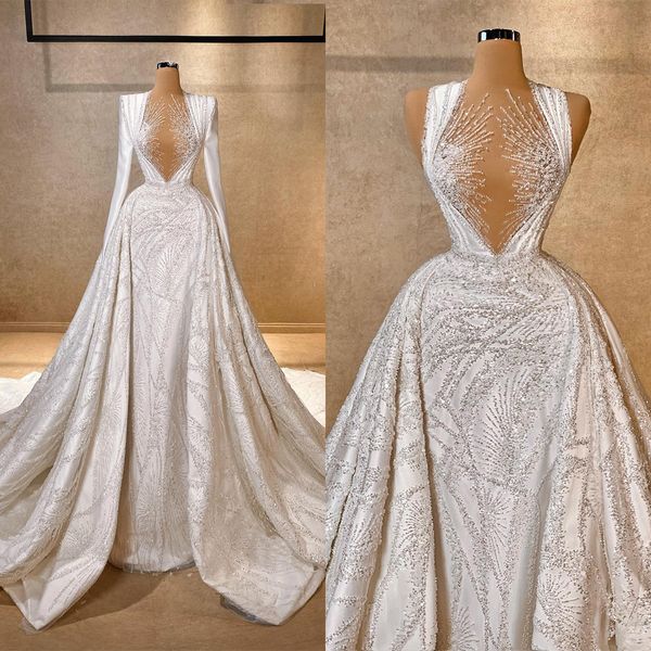 Brilho moderno a linha vestido de casamento jóia 3d-lace vestido de baile plus size destacável trem vestidos de noiva vestido de novia tamanho cor personalizado D-H23830