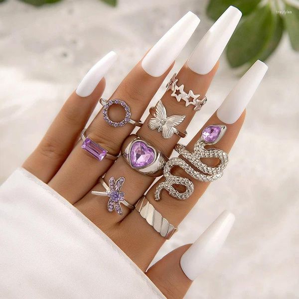 Cluster anéis roxo strass coração libélula cobra conjunto para mulheres punk prata cor borboleta estrela dedo anel moda festa jóias