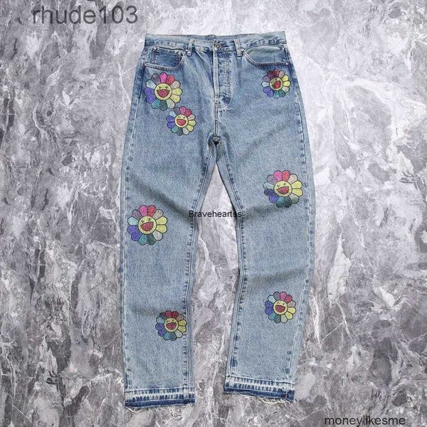 Designer Mens Jeans Calças Lágrimas High Street Lavado Desgastado Colorido Diamante Quente Girassol Tubo Reto Versátil Moda Homens Mulheres Ygoy