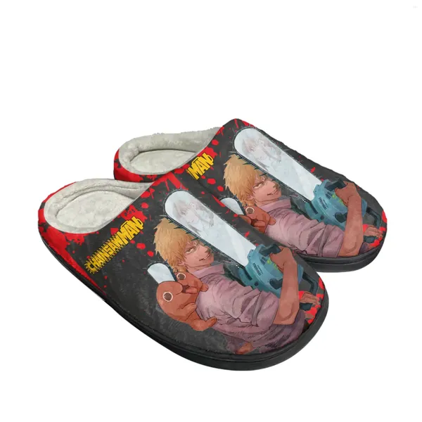 Тапочки с рисунком бензопилы Pochita Power, домашние хлопковые мужские и женские сандалии на заказ, плюшевая повседневная теплая обувь, термотапочки