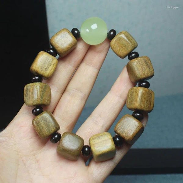 Bracciale a cubo quadrato 1,5 in legno di sandalo verde con perline luminose