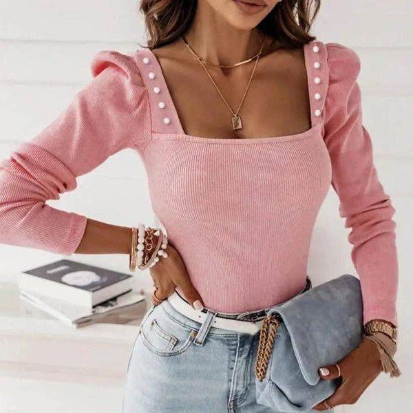 Camicette da donna Top lavorati a maglia da donna Colletto quadrato Puff Pullover a maniche lunghe Decorazione di perle finte Camicetta elasticizzata Streetwear