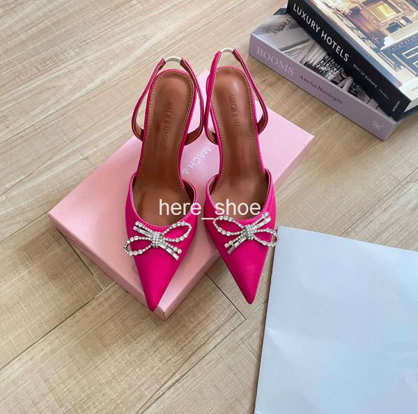 MACH tacco donna tacchi firmati fiocco di cristallo nodo famoso abito scarpe sandali raso di seta rosa rosato festa ballo di fine anno ospite di nozze 8 cm