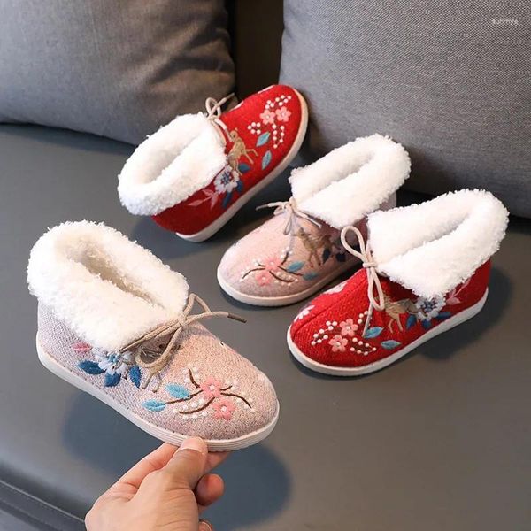 Stivali Scarpe invernali per bambini Peluche Ragazze Cotone ricamato Moda Stile cinese Versatili appartamenti per bambini Hanfu Performance