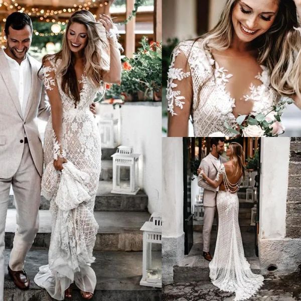 Abiti da sposa a sirena in pizzo a maniche lunghe bohémien Fodera in pelle sexy con scollo a V Abiti da sposa eleganti Abito da sposa Boho country BC3000