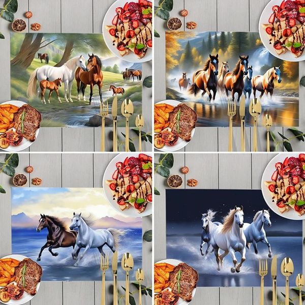 Tischsets Elegent Animal Horse Print Cartoon Running Pony Leinen Kaffee Tischset rutschfeste wasserdichte Computer-Schreibtischunterlagen