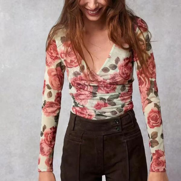 Женские блузки в стиле бохо, сетчатая блузка с принтом роз, женские сексуальные топы с v-образным вырезом и длинными рукавами, весна-лето, женские с запахом