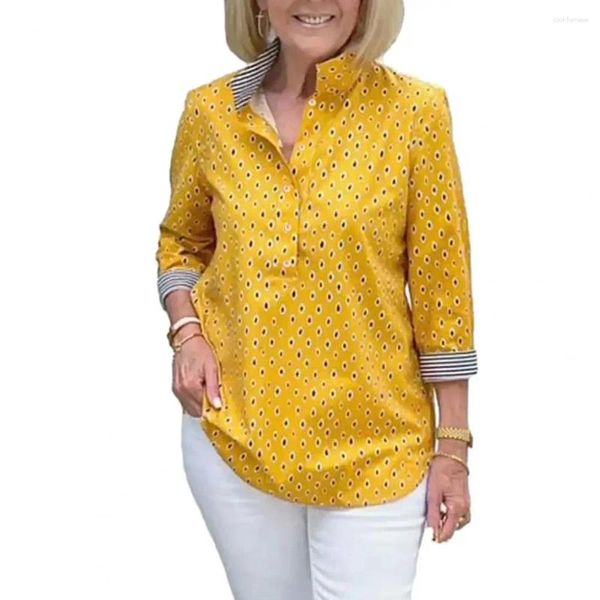 Camicette da donna Camicia primaverile da donna Camicetta elegante con colletto alla coreana con dettaglio bottoni a righe con stampa a pois per l'autunno