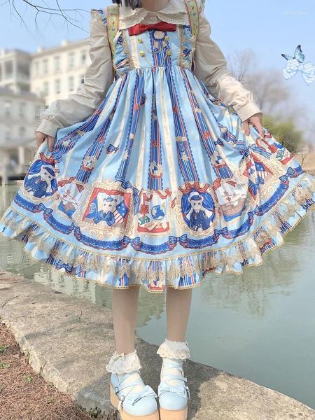 Lässige Kleider KIMOKOKM Vintage Rüschen Kawaii Cartoon Bär Druck ärmellose Schleife Prinzessin Camisole Kleid japanische Girly Lolita JSK