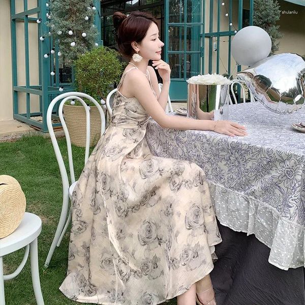 Casual Kleider Sommer Elegante Frauen Floral Chiffon Dünne Hosenträger Kleid Damen Gedruckt Schlank Ärmellose Mid-kalb Party Swing Slip