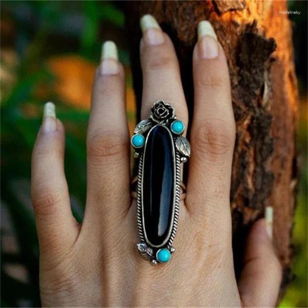 Cluster Ringe Mode Retro Geometrische Lange Schwarz Zirkon Intarsien Türkis Ring Für Männer Und Frauen Persönlichkeit Einfache All-match Party schmuck