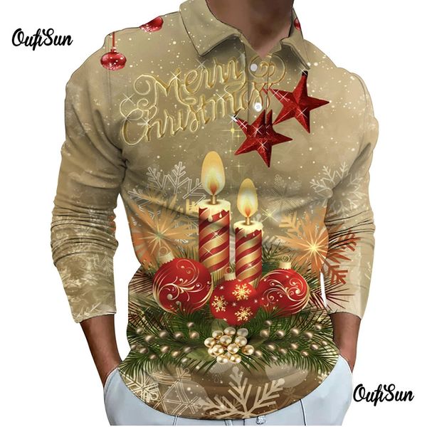 Moda natal polo camisas moda 3d impresso polo camisa masculina outono padrões realistas de manga comprida topos roupas masculinas 240119