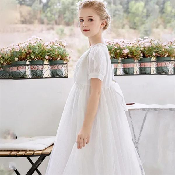 Abiti da ragazza Abito a fiori in raso bianco Fiocco decorato Matrimonio Elegante bambino Primo cerimoniale eucaristico