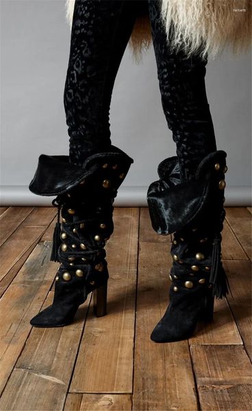Botas inverno moda mulheres apontou toe ouro botão de metal rebite chunk calcanhar joelho alto lace-up camurça preta bota grossa