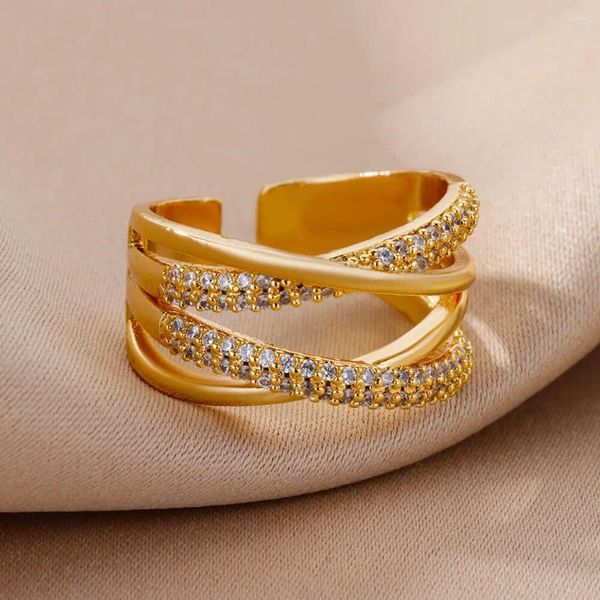 Anéis de cluster Zircon Double Cross para mulheres ajustável anel de aço inoxidável 2024 tendência design feminino casamento jewerly