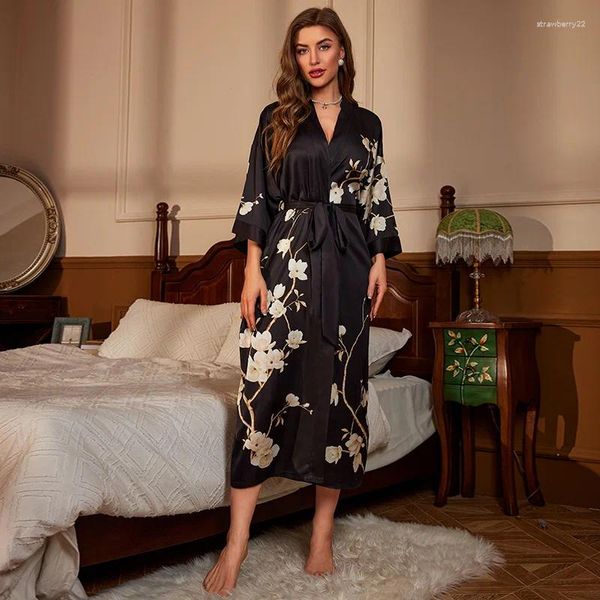 Damen-Nachtwäsche, schwarzer Druck, Blumen-Nachthemd, Frühling, Sommer, weiblich, lange Robe, sexy Kimono-Kleid, lässiger Bademantel, Satin, Heim-Dressing-Lounge