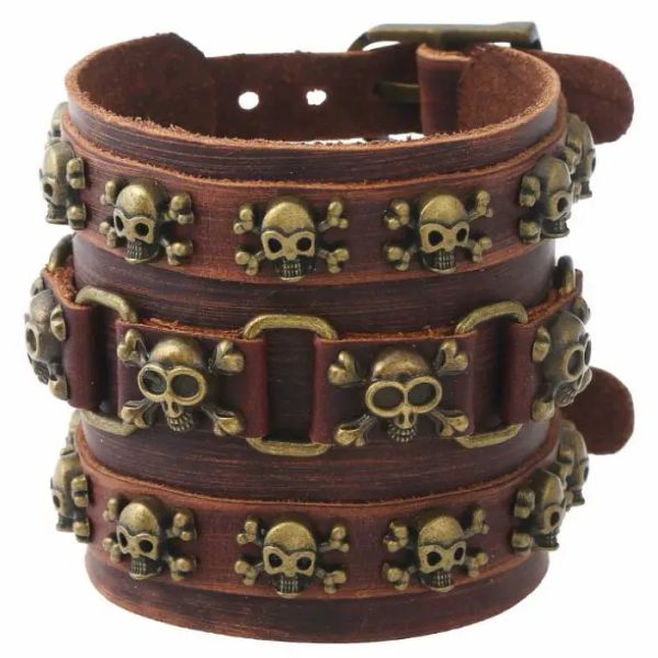 Bracelets góticos punk vintage hiphop crânio rebite bracelete marrom pirata squeleleton charme largo couro pulseira de pulseira acessórios