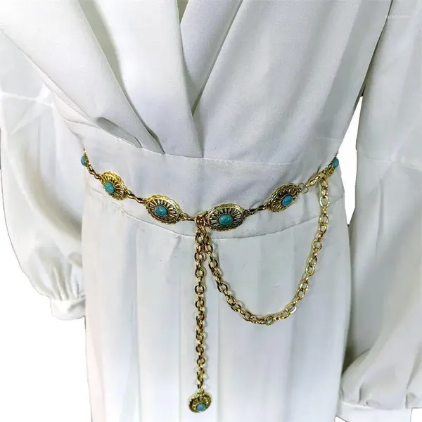 Cinture Cintura occidentale a catena Concho per donna Vita in metallo regolabile ovale tono argento con abiti jeans con fibbia